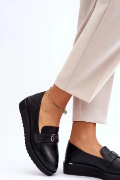 Damskie Skórzane Mokasyny Na Niskim Koturnie Czarne Synthia