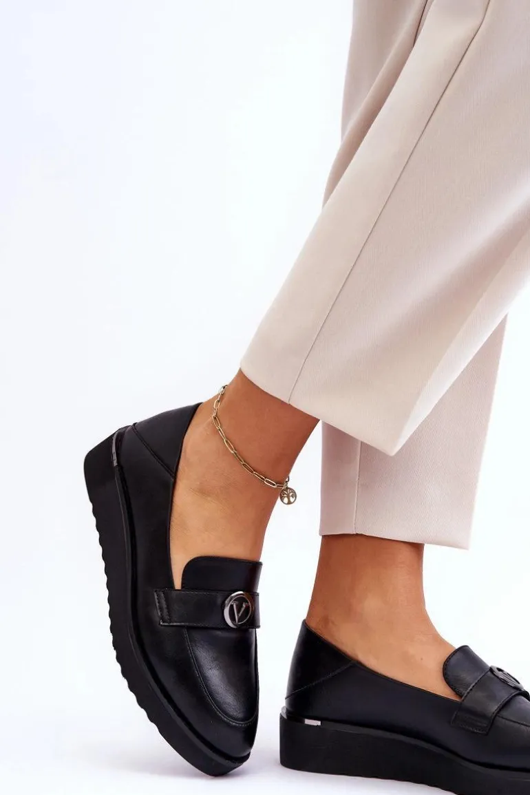 Damskie Skórzane Mokasyny Na Niskim Koturnie Czarne Synthia