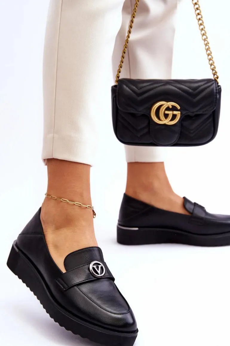 Damskie Skórzane Mokasyny Na Niskim Koturnie Czarne Synthia