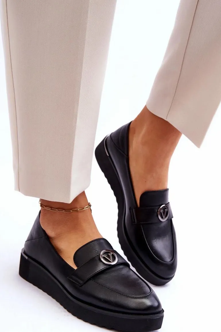 Damskie Skórzane Mokasyny Na Niskim Koturnie Czarne Synthia