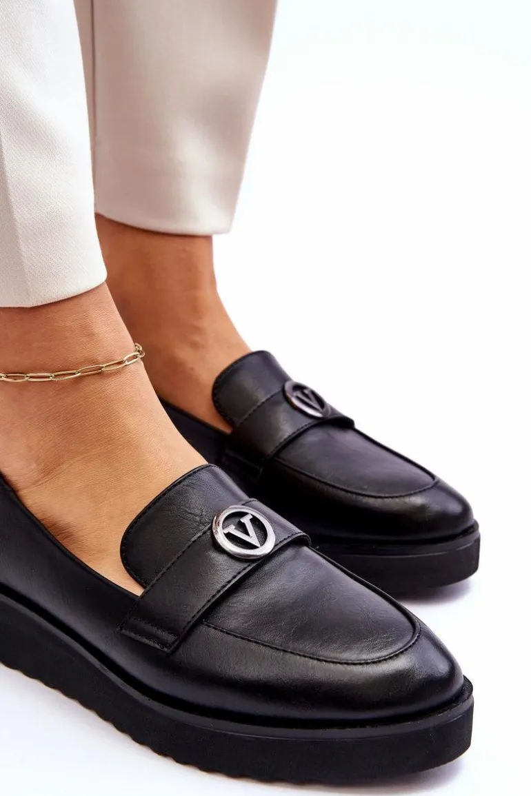 Damskie Skórzane Mokasyny Na Niskim Koturnie Czarne Synthia