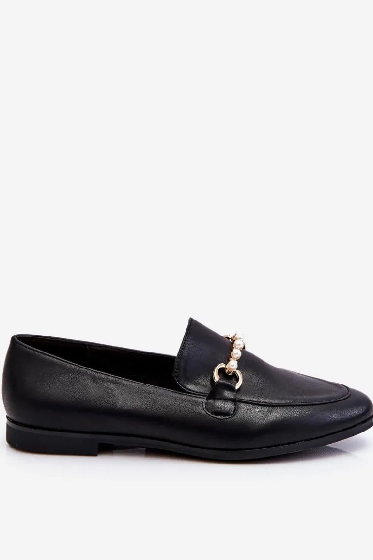 Damskie Skórzane Mokasyny Z Ozdobnymi Perełkami Czarne Ishan
