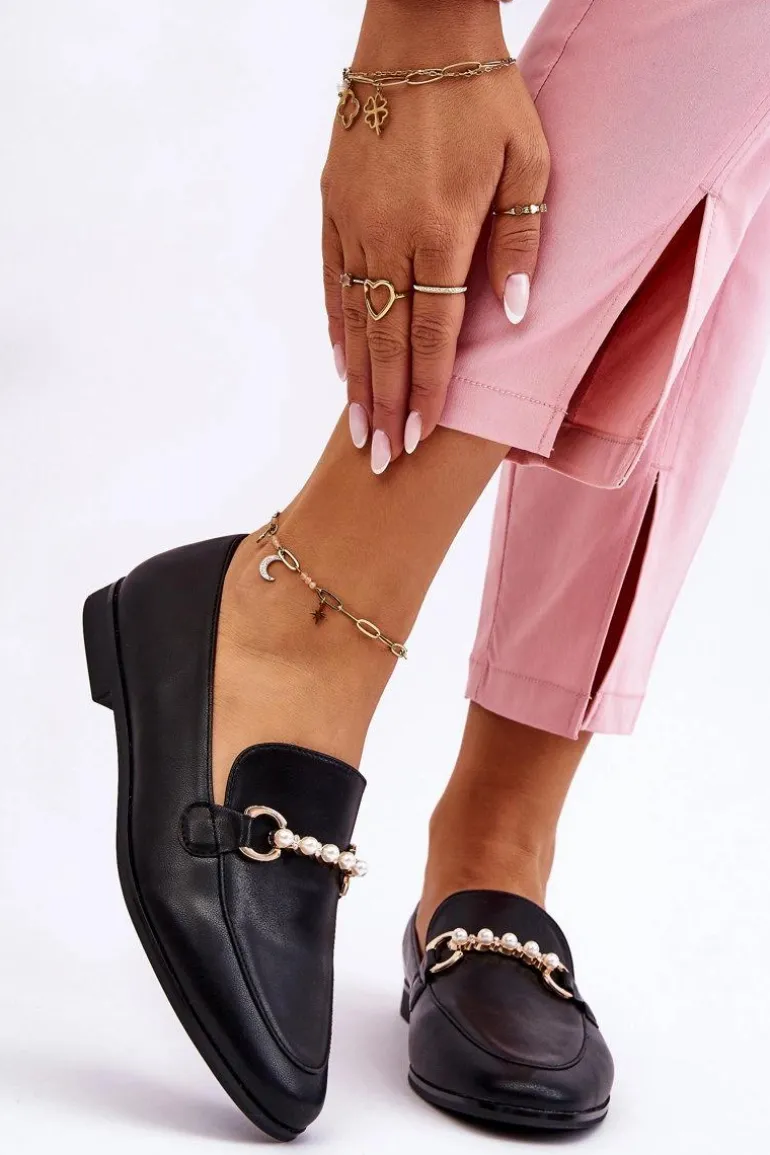 Damskie Skórzane Mokasyny Z Ozdobnymi Perełkami Czarne Ishan