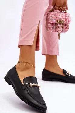 Damskie Skórzane Mokasyny Z Ozdobnymi Perełkami Czarne Ishan