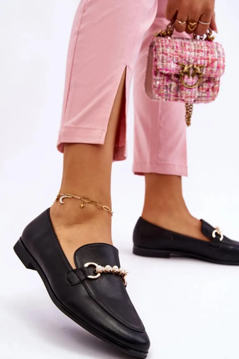 Damskie Skórzane Mokasyny Z Ozdobnymi Perełkami Czarne Ishan