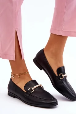 Damskie Skórzane Mokasyny Z Ozdobnymi Perełkami Czarne Ishan