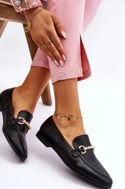 Damskie Skórzane Mokasyny Z Ozdobnymi Perełkami Czarne Ishan