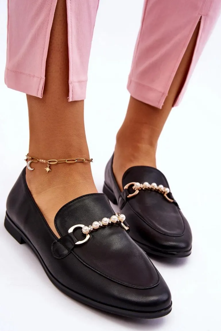 Damskie Skórzane Mokasyny Z Ozdobnymi Perełkami Czarne Ishan