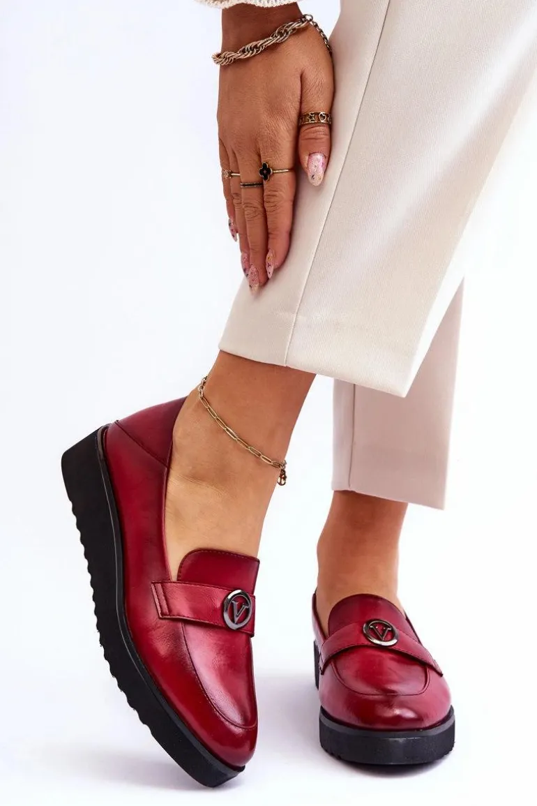 Damskie Skórzane Mokasyny Na Niskim Koturnie Czerwone Synthia