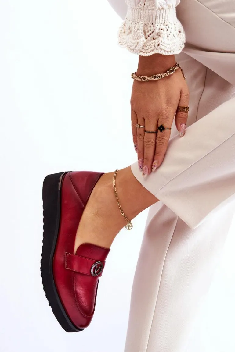 Damskie Skórzane Mokasyny Na Niskim Koturnie Czerwone Synthia