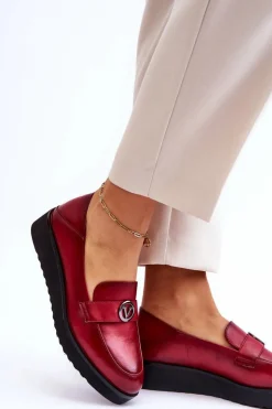 Damskie Skórzane Mokasyny Na Niskim Koturnie Czerwone Synthia