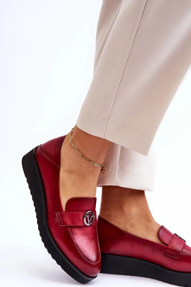 Damskie Skórzane Mokasyny Na Niskim Koturnie Czerwone Synthia