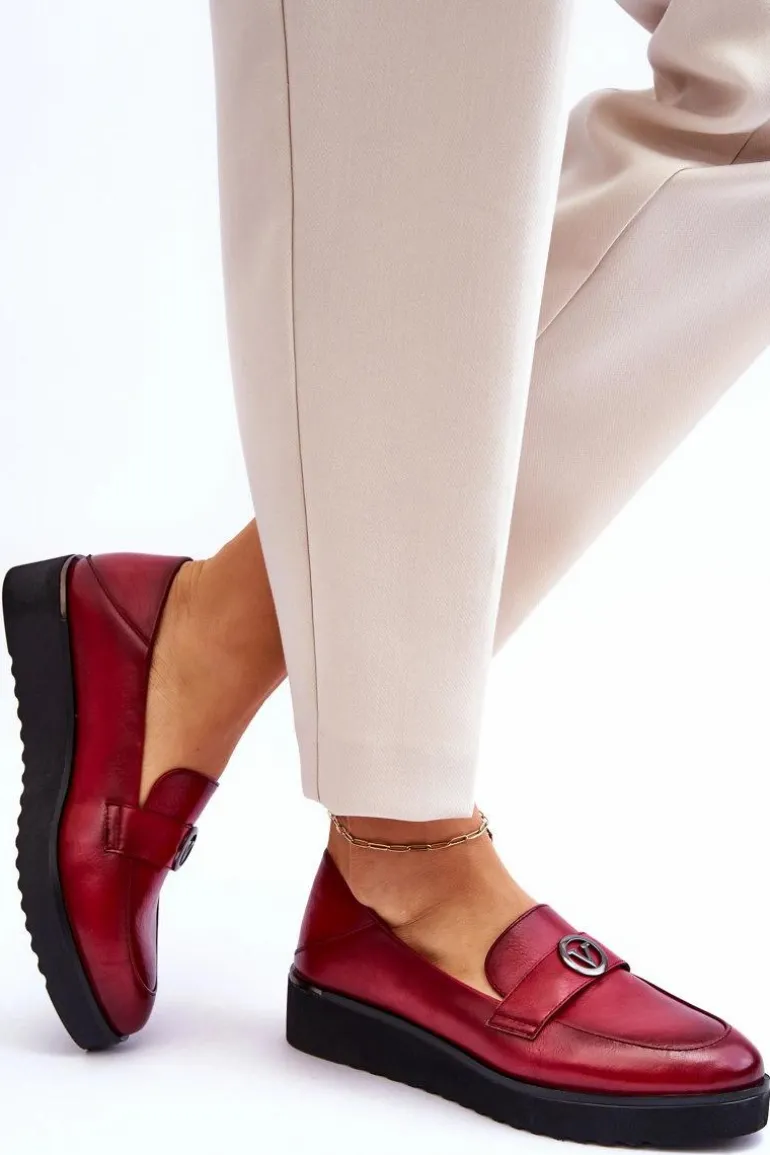 Damskie Skórzane Mokasyny Na Niskim Koturnie Czerwone Synthia