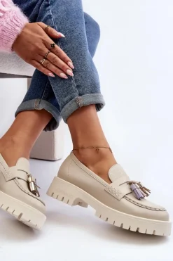 Damskie Skórzane Mokasyny Z Frędzlami CheBello 3096 Beżowe