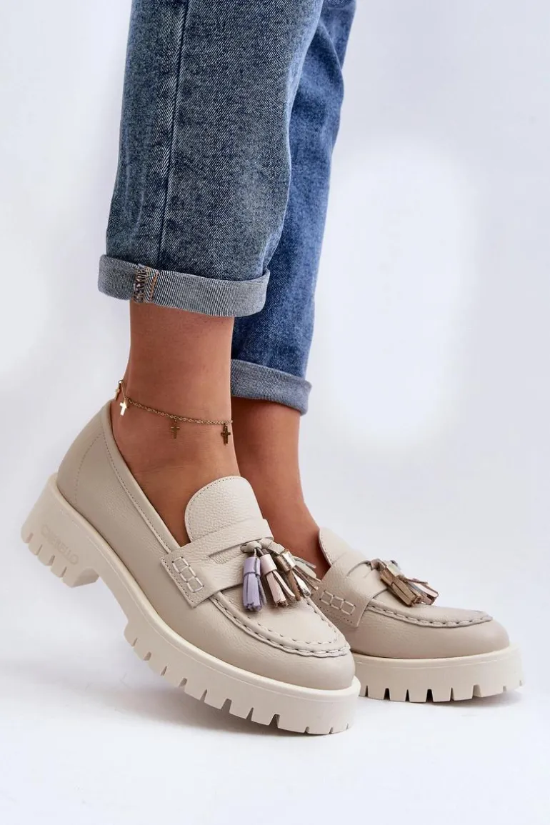 Damskie Skórzane Mokasyny Z Frędzlami CheBello 3096 Beżowe