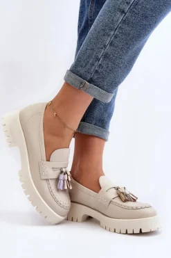 Damskie Skórzane Mokasyny Z Frędzlami CheBello 3096 Beżowe