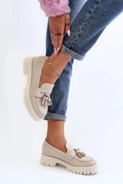 Damskie Skórzane Mokasyny Z Frędzlami CheBello 3096 Beżowe