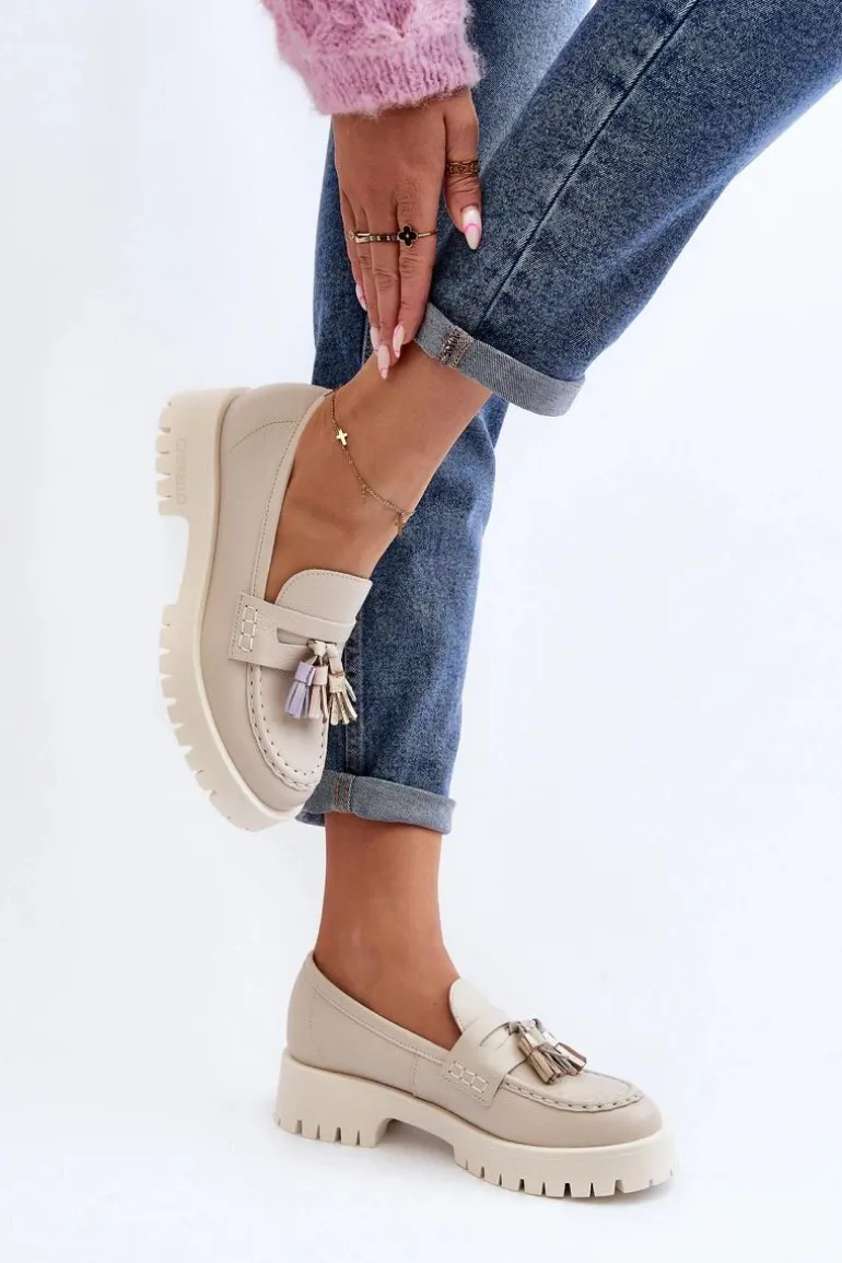 Damskie Skórzane Mokasyny Z Frędzlami CheBello 3096 Beżowe