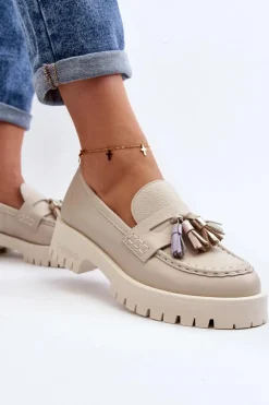 Damskie Skórzane Mokasyny Z Frędzlami CheBello 3096 Beżowe