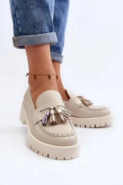Damskie Skórzane Mokasyny Z Frędzlami CheBello 3096 Beżowe