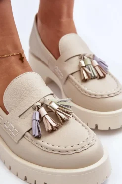 Damskie Skórzane Mokasyny Z Frędzlami CheBello 3096 Beżowe