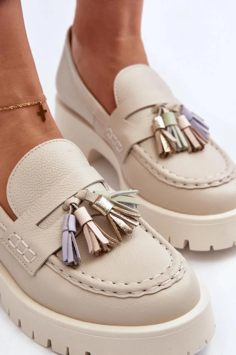 Damskie Skórzane Mokasyny Z Frędzlami CheBello 3096 Beżowe