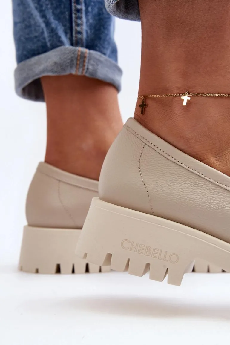 Damskie Skórzane Mokasyny Z Frędzlami CheBello 3096 Beżowe