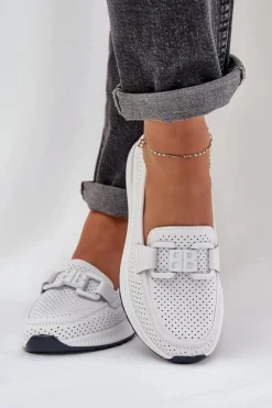 Damskie Skórzane Mokasyny Na Platformie S.Barski LR51-556 Białe