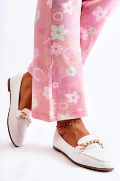 Damskie Skórzane Mokasyny Z Ozdobnymi Perłami Białe Sergia