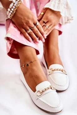 Damskie Skórzane Mokasyny Z Ozdobnymi Perłami Białe Sergia