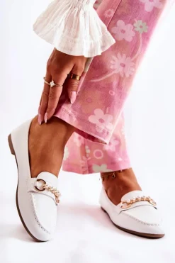 Damskie Skórzane Mokasyny Z Ozdobnymi Perłami Białe Sergia