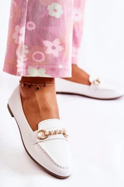 Damskie Skórzane Mokasyny Z Ozdobnymi Perłami Białe Sergia