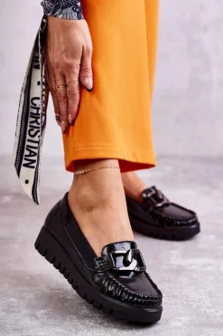 Damskie Skórzane Mokasyny Na Platformie Czarne Venesia