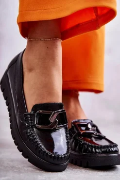 Damskie Skórzane Mokasyny Na Platformie Czarne Venesia