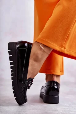 Damskie Skórzane Mokasyny Na Platformie Czarne Venesia