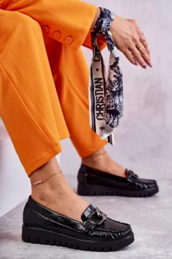 Damskie Skórzane Mokasyny Na Platformie Czarne Venesia