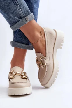Damskie Skórzane Mokasyny Z Ozdobą CheBello 4369 Beżowe