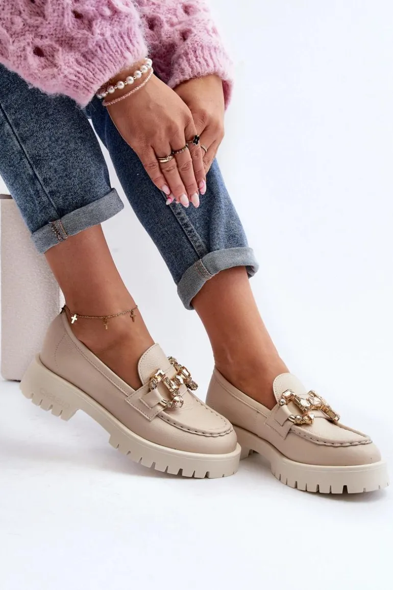 Damskie Skórzane Mokasyny Z Ozdobą CheBello 4369 Beżowe