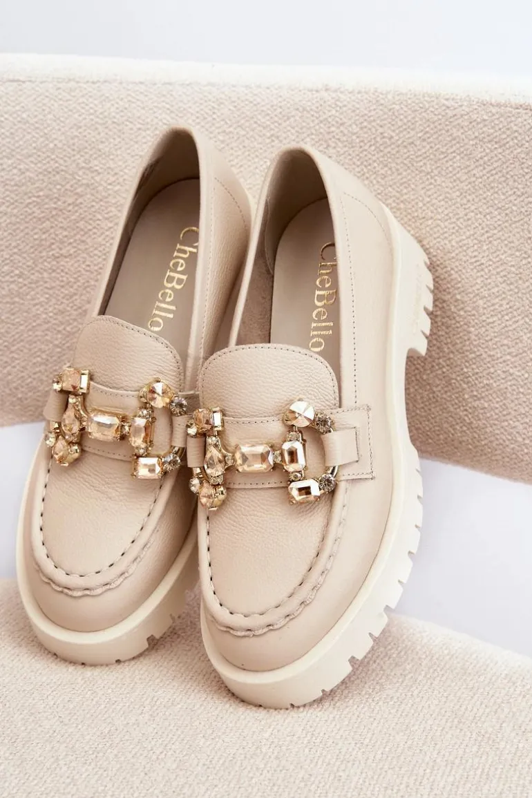 Damskie Skórzane Mokasyny Z Ozdobą CheBello 4369 Beżowe