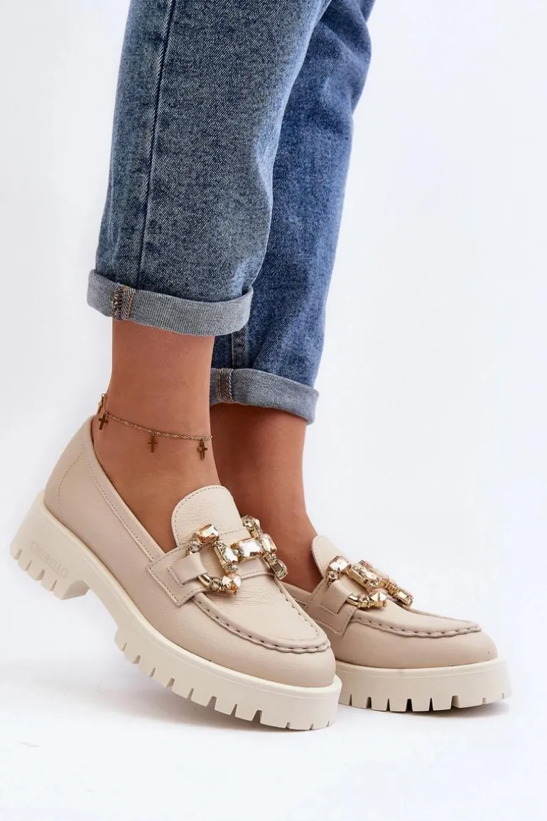 Damskie Skórzane Mokasyny Z Ozdobą CheBello 4369 Beżowe