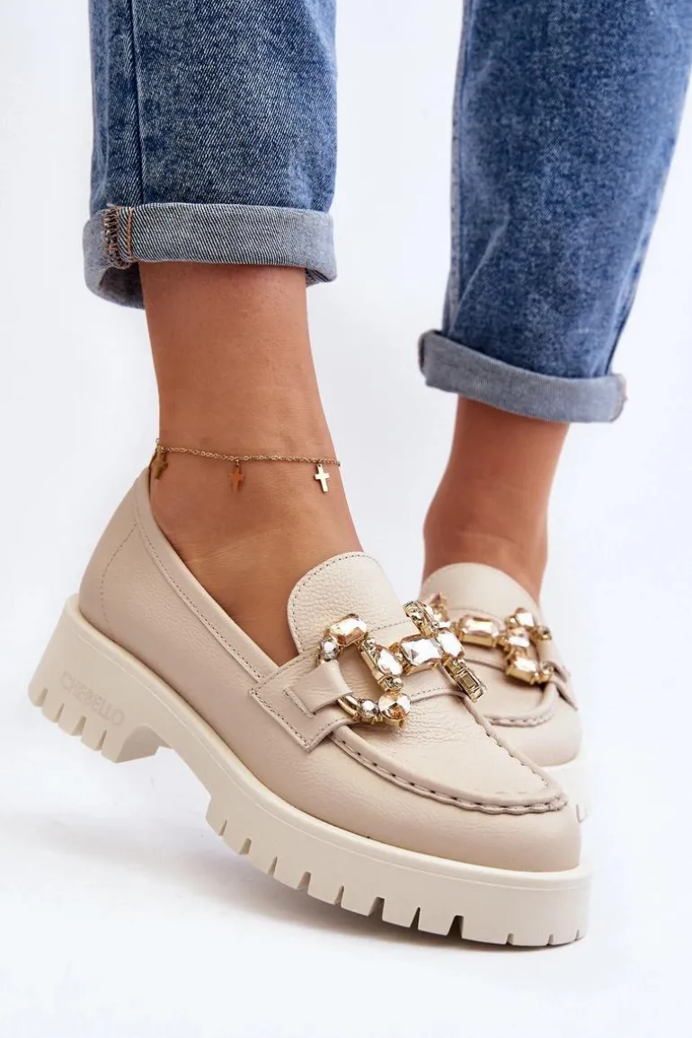 Damskie Skórzane Mokasyny Z Ozdobą CheBello 4369 Beżowe