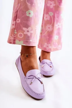 Damskie Skórzane Mokasyny Z Kokardą Fioletowe Aurila