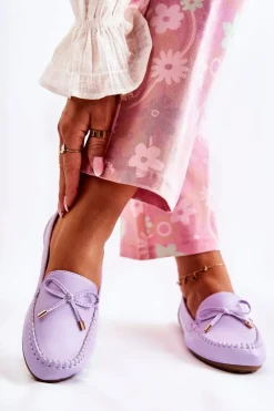 Damskie Skórzane Mokasyny Z Kokardą Fioletowe Aurila