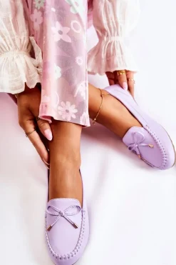 Damskie Skórzane Mokasyny Z Kokardą Fioletowe Aurila