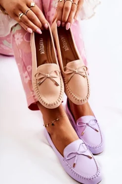 Damskie Skórzane Mokasyny Z Kokardą Fioletowe Aurila