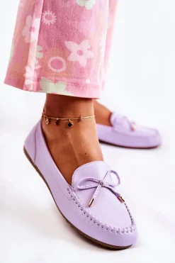 Damskie Skórzane Mokasyny Z Kokardą Fioletowe Aurila