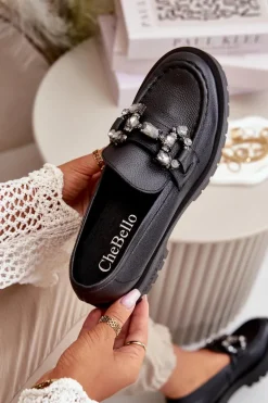 Damskie Skórzane Mokasyny Z Ozdobą CheBello 4369 Czarne