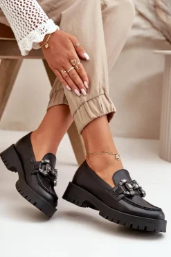 Damskie Skórzane Mokasyny Z Ozdobą CheBello 4369 Czarne