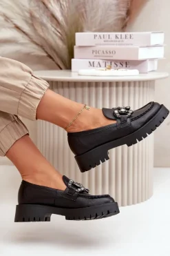 Damskie Skórzane Mokasyny Z Ozdobą CheBello 4369 Czarne