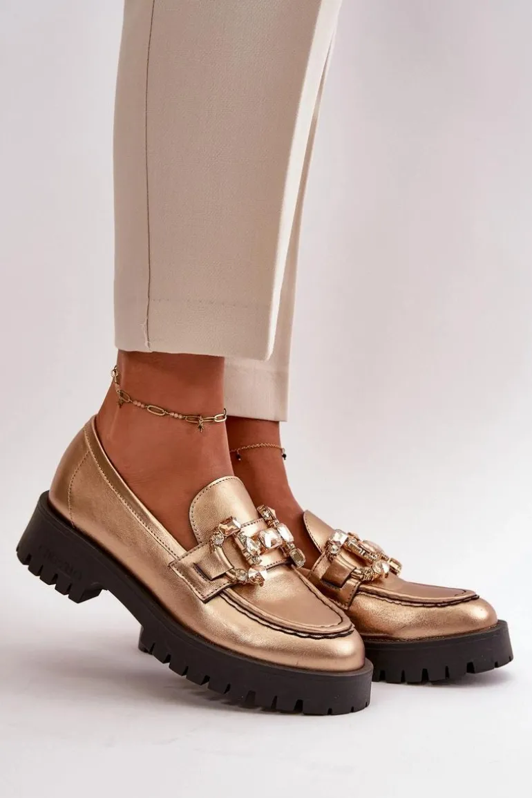 Damskie Skórzane Mokasyny Z Ozdobą CheBello 4369 Złote